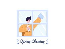 Ilustración de limpieza de primavera con hombre limpiando ventanas de la casa. Lavado de cristales de ventanas. se puede utilizar para banner, sitio web, volante, postal, cartel, etc.