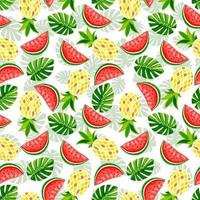 fruta de verano y hojas de patrones sin fisuras. Impresión vectorial de piña, sandía, monstera y fresa. textura para imprimir en textiles de verano y carcasas de teléfonos. vector