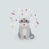 Happy gray cat sits with his tongue out. Flat vector illustration.