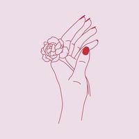 Vector thin illustration. Flower in woman hand pink background.