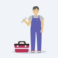 Flat illustration of male mechanic, repairman in overalls with wrench and tool case. vector