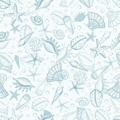 Hand drawn sea shells, seaweed and stars seamless collection. Marine illustration shell. Ideal for fabric, wallpaper, wrapping paper, textile, bedding, t-shirt print.