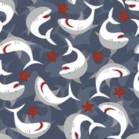 Angry shark and sea stars seamles pattern. Sea life hand drawn Illustration. Print for child fabric.