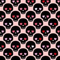 Black skull with eyes like a hearts. Funny romantic seamless pattern. Pattern for fabric or wrapping paper design. vector