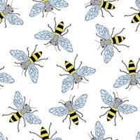 Sketch bee seamless pattern. Funny background with insects. Hand drawn design for wrapping, textile or honey package. vector