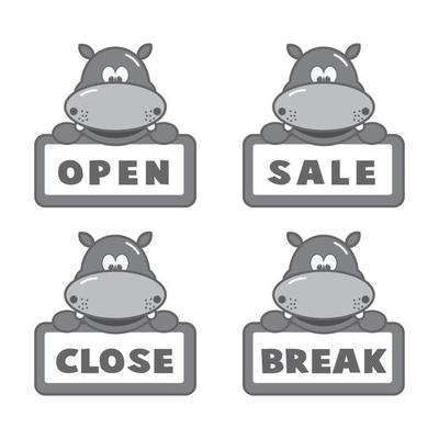 Open and closed board signs, hippo. Vector icons illustration.