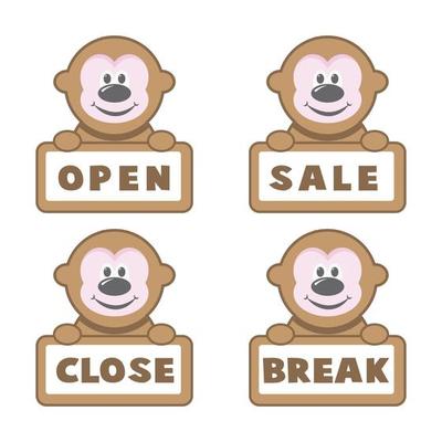 Open and closed board signs, monkey. Vector icons illustration.