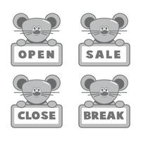 Open and closed board signs, mouse. Vector icons illustration.