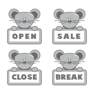 Open and closed board signs, mouse. Vector icons illustration.