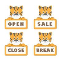 Open and closed board signs, baby tiger. Vector icons illustration.