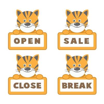 Open and closed board signs, baby tiger. Vector icons illustration.