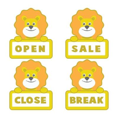 Open and closed board signs, lion. Vector icons illustration.