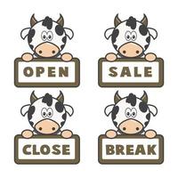Open and closed board signs, milk cow. Vector icons illustration.