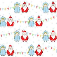 Russian Santa Claus and Snow Maiden on abackground with with flags and snowflakes. Funny New Year seamless pattern. vector