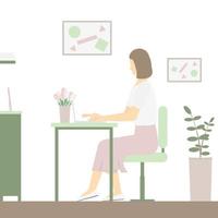 A girl with a laptop is sitting in the room. She is wearing spring clothes. There is a bunch of tulips on the table. Good for internet publication and printing. Flat. Concept. vector