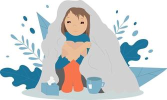 A girl is sitting under the blanket with a cup of tea and a box of tissues. Concept vector illustration in a flat style.