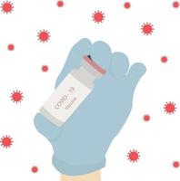 A doctor's hand in a surgical glove with Covid-19 corona virus vaccine bottle. Concept vector illustration.