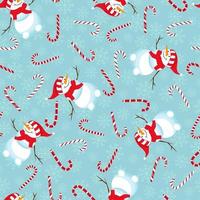 Seamless winter pattern. Print with funny snowman, candy and snowflakes. vector