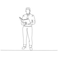 Dibujo de línea continua del empresario de pie leyendo la ilustración de vector de documento de empresa