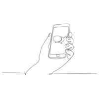 Continuous line drawing of hands that hold a modern mobile phone and receive messages that are isolated against a white background. . Vector illustration