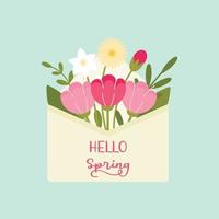 flores de primavera asomando a través del sobre, hola ilustración de primavera. vector