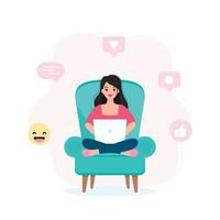 Girl Sitting on an Armchair and Working from Home, Student or Freelancer. vector