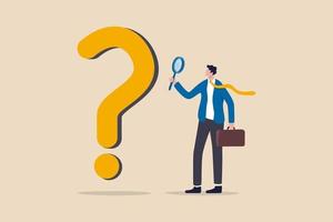 Problem and root cause analysis, research and leadership skill to find solution or answer for business problem concept, smart businessman analyst using magnifying glass to analyze question mark sign. vector