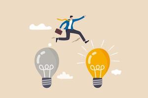 Business transformation, change management or transition to better innovative company, improvement and adaptation to new normal concept, smart businessman jump from old to new shiny lightbulb idea. vector