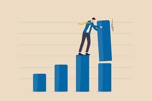 Increase investment profit, GDP rising up or growing business performance concept, success businessman standing on bar graph stacking huge amount of profit on top of this year bar graph. vector