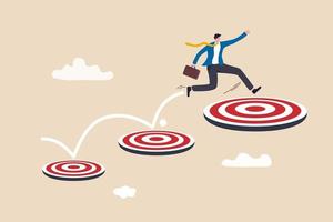 Aspiration and motivation to achieve bigger business target, advancement in career or business growth concept, smart businessman jumping on bigger and higher archery bull's eye target. vector