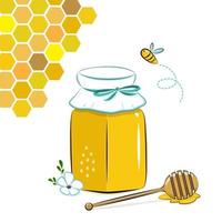 Honey jar, honeycomb and bee. Honey in glass jar with honey dipper and flower.. vector