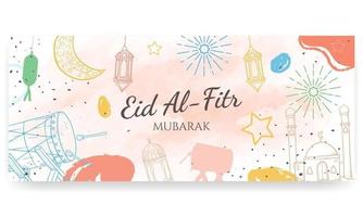 eid al fitr mubarak, pintado a mano en colores pastel. estilo doodle. cartel horizontal, tarjeta de felicitación, encabezado para sitio web vector