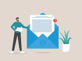 Man holding huge envelope with letter, new email message, Business and communication concept vector