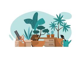 Plant corner with gardening equipment, vector illustration