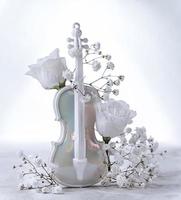 White artificial violin and white flower buds on a white background photo