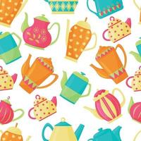 Vector seamless pattern with a variety of teapots on a white background. Kitchen utensils. Bright colors. Flat Style