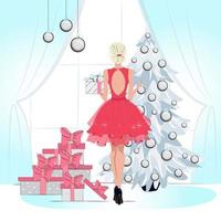 Elegantly dressed with Christmas tree card vector