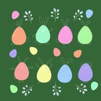 Set of Easter colored hares in the shape of eggs, festive cute bunnies in different poses, vector illustration in doodle style.