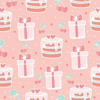 Seamless pattern with cakes and gift boxes, cute girl pattern in pink, cakes and gifts, vector print doodle style.