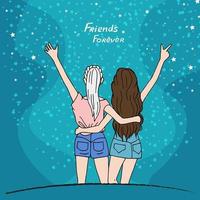 Blonde and brunette hugging, happy to see you, Rear view, Hand gestures, Stylish chicks, Two girlfriends, Sister's day card, Young pretty women, Vector illustration of hand draw, Doodle style