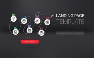 Promo landing page with infographic template. Template with sample text and button vector