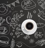 Coffee cup with doodling elements. Cafe menu design vector template