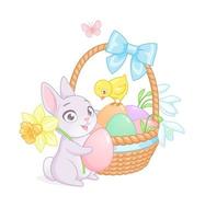 Cute little bunny and chick with basket full of eggs and flowers. Cartoon vector illustration on white background for Easter greeting card.