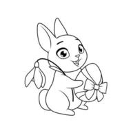 Cute bunny holding egg and snowdrop flower. Easter greeting cartoon vector coloring page.