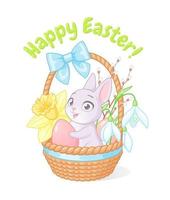 Cute little bunny holding egg in basket with spring flowers. Easter greeting cartoon vector illustration isolated on white background.