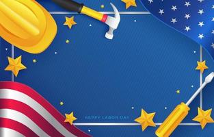 Labor Day Background with Worker Equipment and Waving US Flag vector