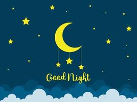 Night scene with moon and stars. Nightly sky with large moon. Good night sky card. vector