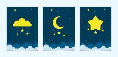 escena nocturna con luna y estrellas. cielo nocturno con luna grande. tarjeta de buenas noches cielo. vector