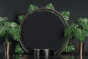 Abstract black podium for product display showcase with monstera leaves decoration, 3d background rendering photo