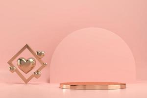 Plataforma del podio del escenario dorado del día de San Valentín con decoración de corazones para la exhibición de productos, render 3d